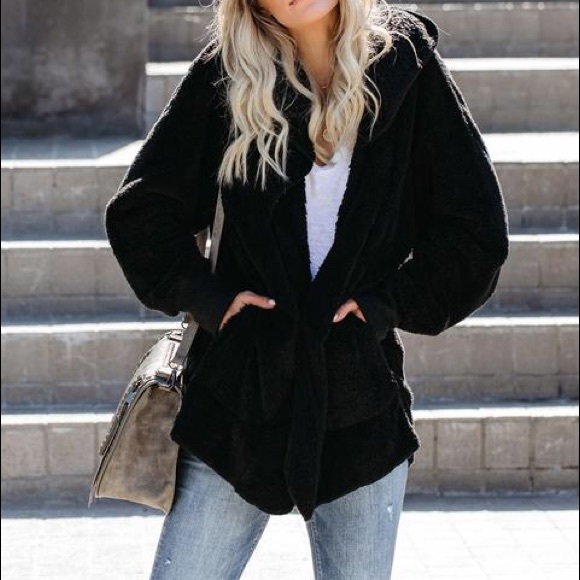 Faux Fur Sherpa Plush Hoodie Jacket Coat Oversized - Picture 6 of 11